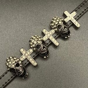 Butler & Wilson Skull & Crosses‎ Bracelet Black Crystal Leather Strap 7in